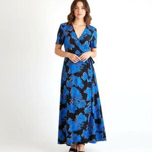 Blue & Black Tie-Front Wrap Maxi Dress Size S/M
